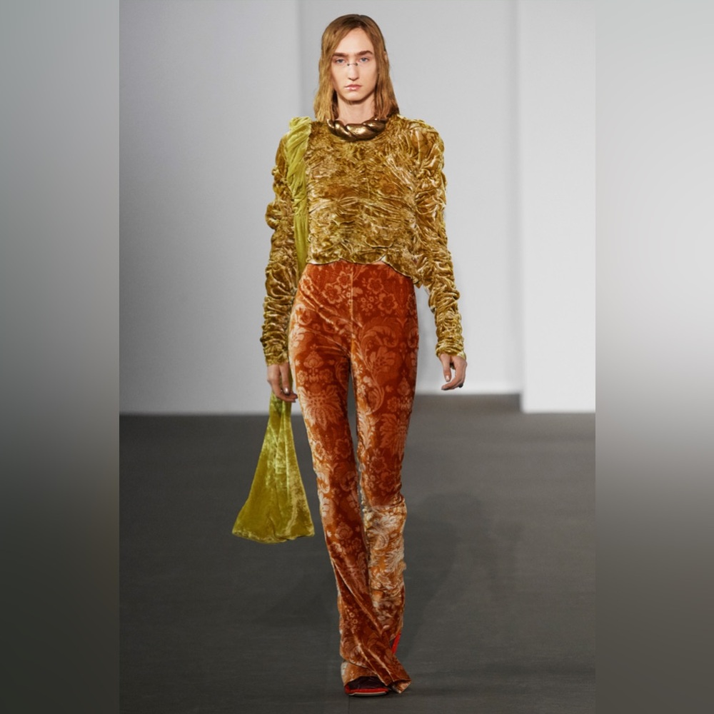 NWT Acne Studios Women's Orange Floral Velvet Flared Runway Pants